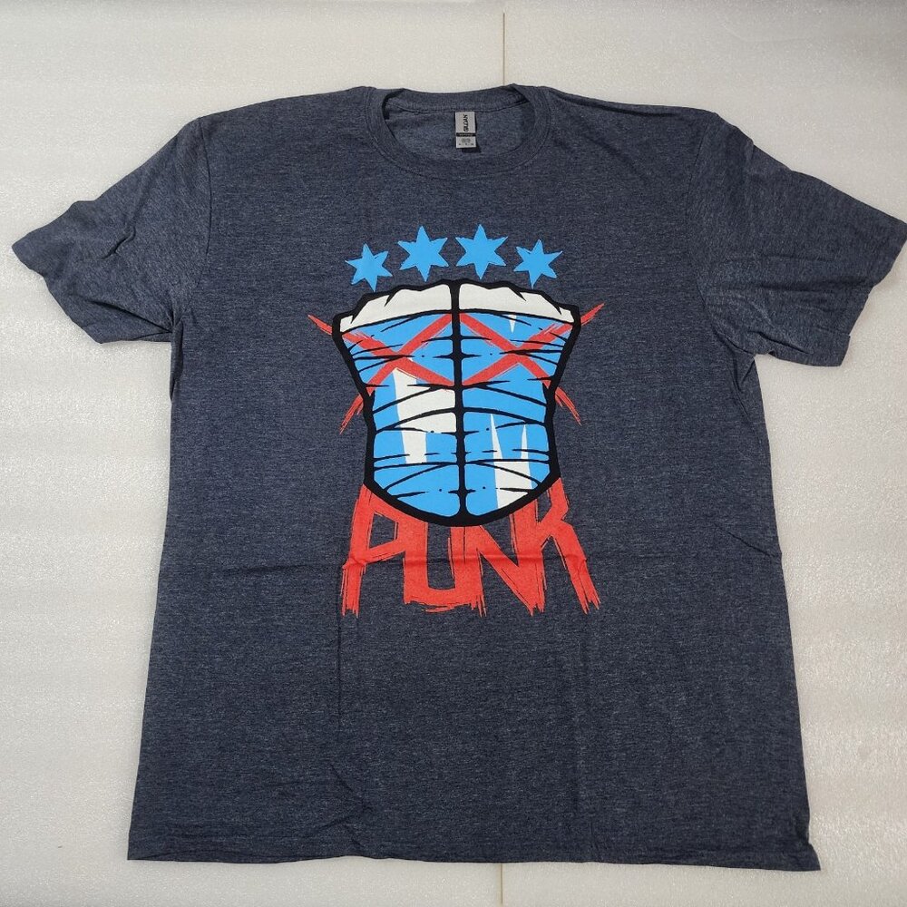 Pro Wrestling Crate CM‎ Punk stars fists logo AEW Gray T-Shirt XL NWOT Gildan